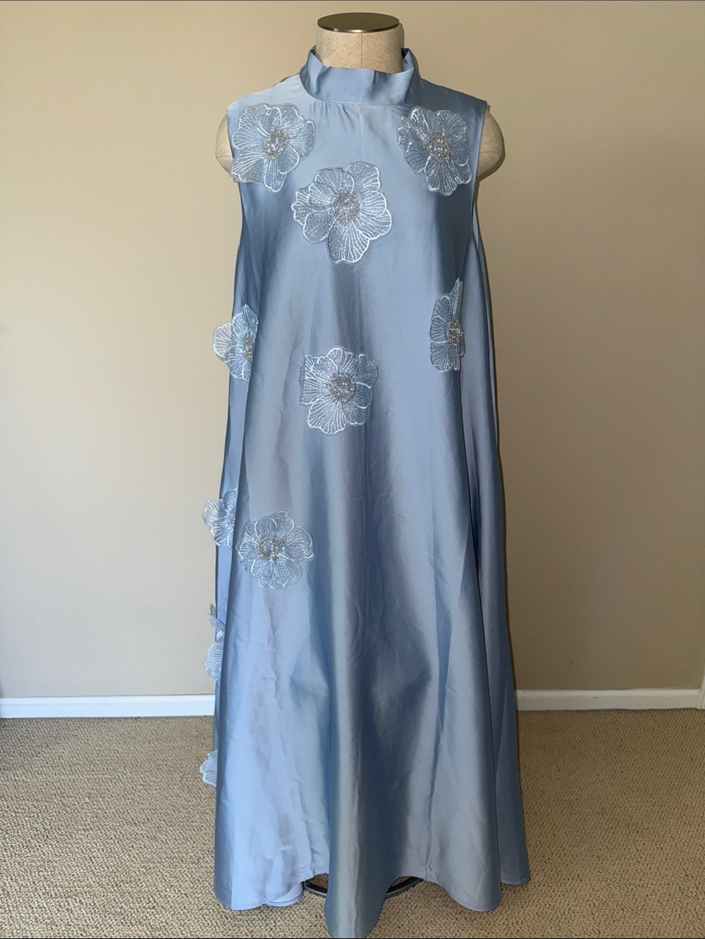 Nancy Yang Sleeveless Light Blue Maxi Dress with Floral Appliqué